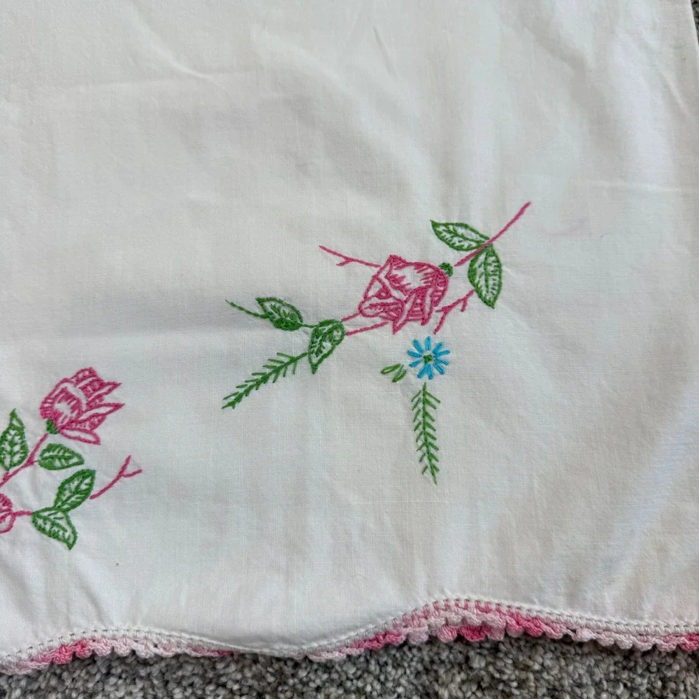 Vintage Hand Embroidered Pillowcase Set Lambs Roses Crochet Trim Cottagecore 2pc